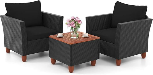ORALNER 3 Pieces Patio Furniture Set, Outdoor Wicker Conversation Chairs with Cushion, Acacia Coffee Table, Rattan Bistro Set for Balcony Garden Backyard Front Porch Poolside (Black)