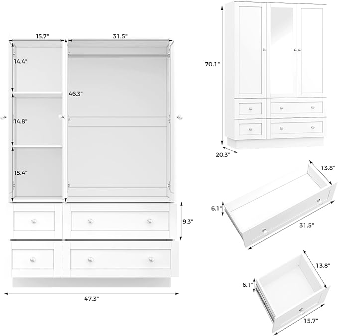VOWNER Wardrobe Closet with 3 Doors, Bedroom Armoire with Mirror, LED Light, 4 Drawers and Hanging Rod, Large Capacity Storage Closet for Bedroom, White 47" L