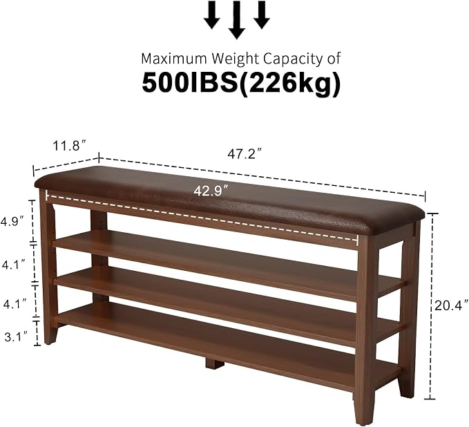 AQIMUELE Shoe Bench with Leather Cushion, 3 Tiers Shoe Storage Bench Height Adjustable, Walnut Wood Entryway Bench for Hallway, Mudroom - Image 2