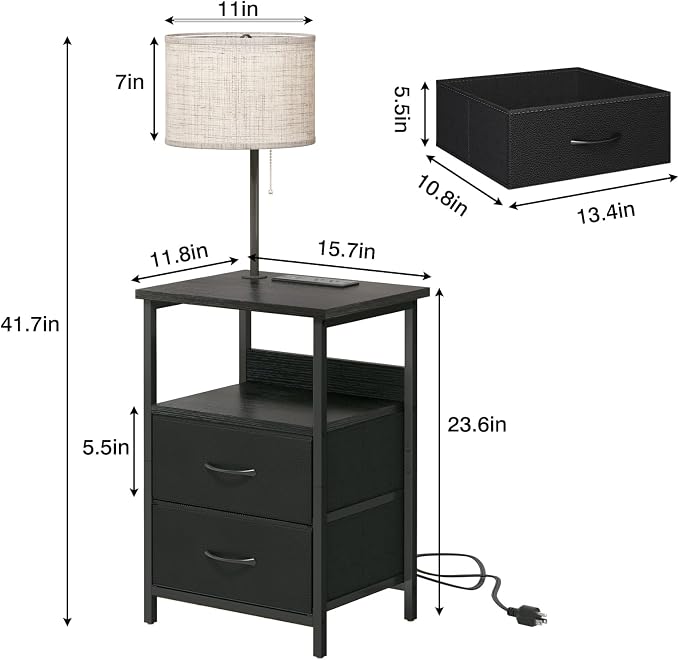 Fixwal Bedside Table with 3 Color Temperature Reading Light, Nightstand with LED Light & Charging Station End Table with Adjustable Fabric Drawer for Bedroom, Dorm, Black - Image 3