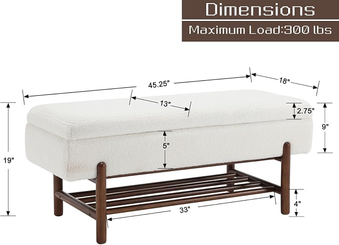 Shunzhi Modern Entryway Storage Bench, Upholstered Shoe Ottoman Bench, Flip-Top End of Bed Bench with Wood Shelf for Living Room/Bedroom/Hallway/Under Window,45Inches, Cream Faux Fur - Image 2