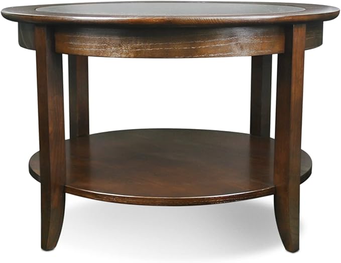 Leick Home Sheldon Coffee Table, Solid Wood, Round, with Glass Top and Shelf, Chocolate Oak, 10037