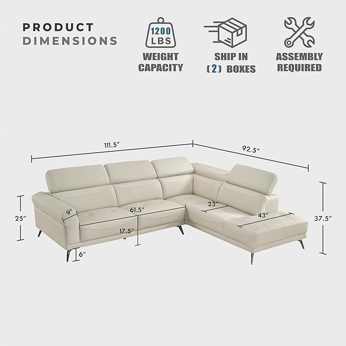 Lexicon L-Shaped Sectional Couch with Right Chaise, Top Grain Leather Match Sectional Sofa, Adjustable Headrests, Black Chrome Metal Legs, High-Density Cushions, Stitching, for Living Room, Beige