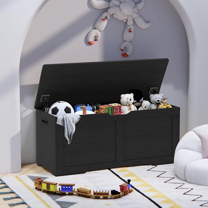 Timberer 39.4" Storage Chest, Wooden Storage Bench, Lift Top Toy Chest with 2 Safety Hinges, Large Toy Box, Entryway Bench for Living Room, Bedroom, Black - Image 2