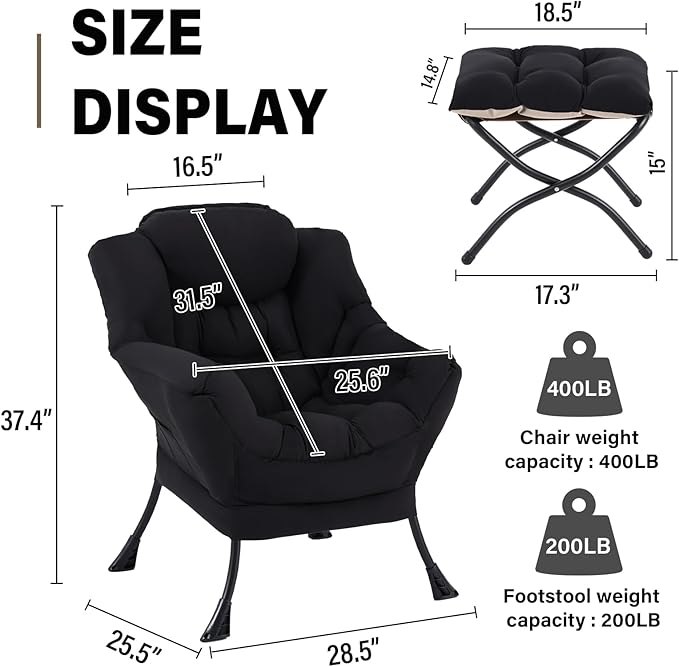 Lazy Chair with Ottoman, Modern Accent Chair Contemporary Lounge Leisure Sofa Chair with Armrests, Reading Chair and Folding Footstool Set for Living Room, Bedroom, Office, Black