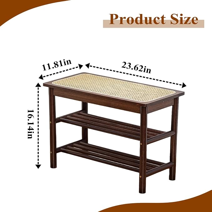 Bamboo Entryway Bench with Woven Rattan Seat, 2-Tier Shoe Storage Bench for Hallway & Entryway, 23.62 inches Walnut - Image 2