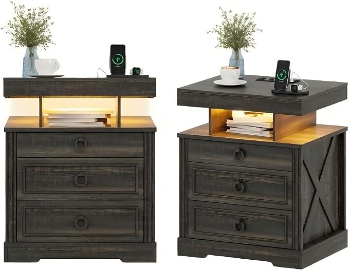 Nightstand Set 2 with Gun Drawer,LED Bedside Table with Charging Station,Night Stand with Human Sensor Design and 3 Open Shelves, Modern End Tables Bedroom, Brown by MDGC