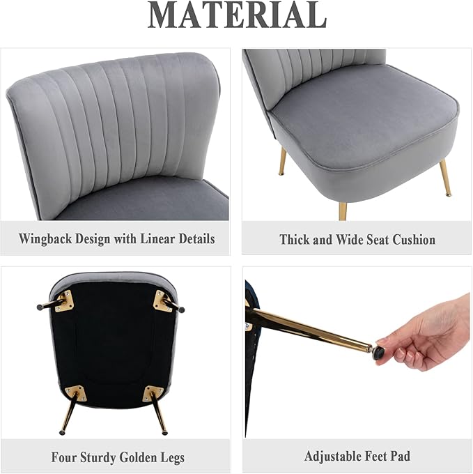 DUOMAY Modern Accent Chair Set of 2 Velvet Slipper Chair with Gold Legs Wingback Side Chair for Living Room Bedroom Entryway Small Corner Chair for Space Saving, Grey