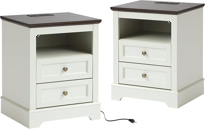 LOUVIXA Nightstand with Charging Station Set of 2, Farmhouse Night Stand with 2 Drawers, Bedside Cabinet for Bedroom, End Table Side Table with Storage (2, White) by LOUVIXA