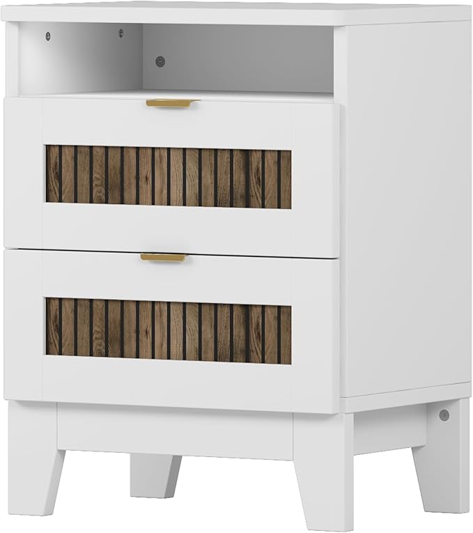 4 Pieces Bedroom Sets Full Size Farmhouse Platform Bed with Wooden Strip Decoration, 2 Storage Nightstands and A 6-Drawer Dresser with Metal Handle for Kids Teens Adults - White