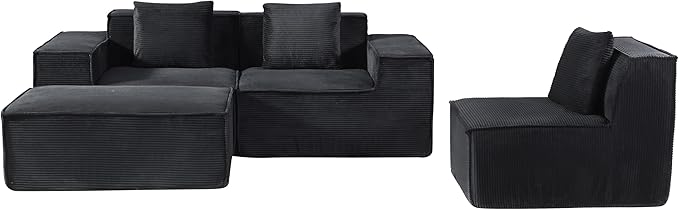 Rowan Convertible Corduroy Sectional Couch with Ottoman & Pillows, Modular L Shaped Sleeper Sofa, Boneless Cloud Couch for Living Room Furniture, Black