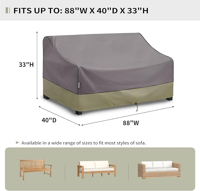 KylinLucky Large Waterproof Patio Sofa Cover 88 x 40 x 33 inches 600D, Heavy Duty 3-Seater Outdoor Couch Cover with Air Vent & Straps, Grey - Image 2