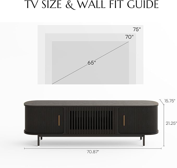 POVISON Fully-Assembled Mid Century Modern TV Stand for 65 inch TV, Sliding Door Entertainment Center with Storage, Wood TV Console, Media Console for Living Room Bedroom(Black, 70.87") - Image 5