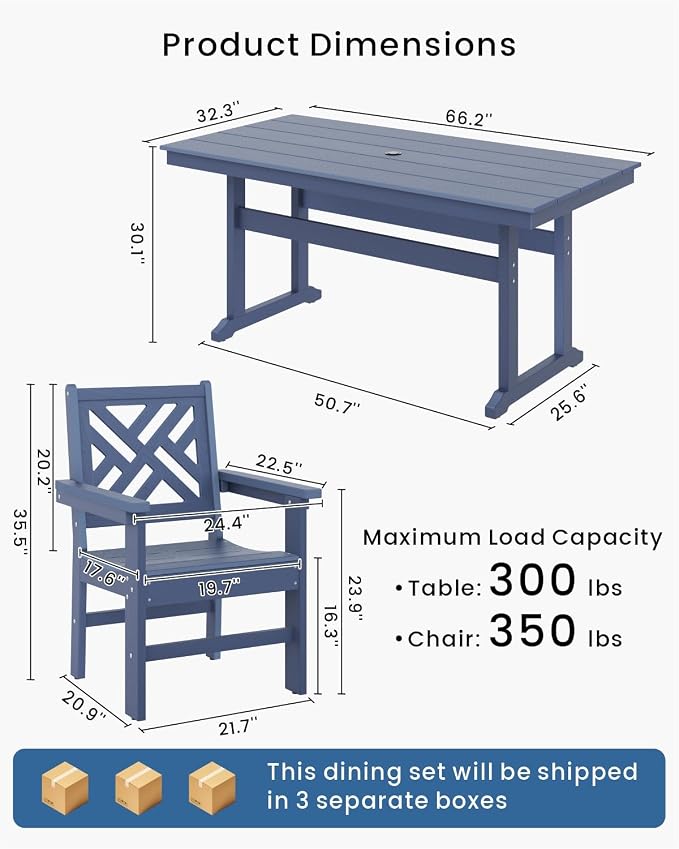 5-Piece Outdoor Dining Set, HDPE All-Weather Patio Table and Chairs Set for 4, Outdoor Patio Furniture Sets with Umbrella Hole for Outside, Deck, Backyard, Garden (Navy Blue) - Image 2