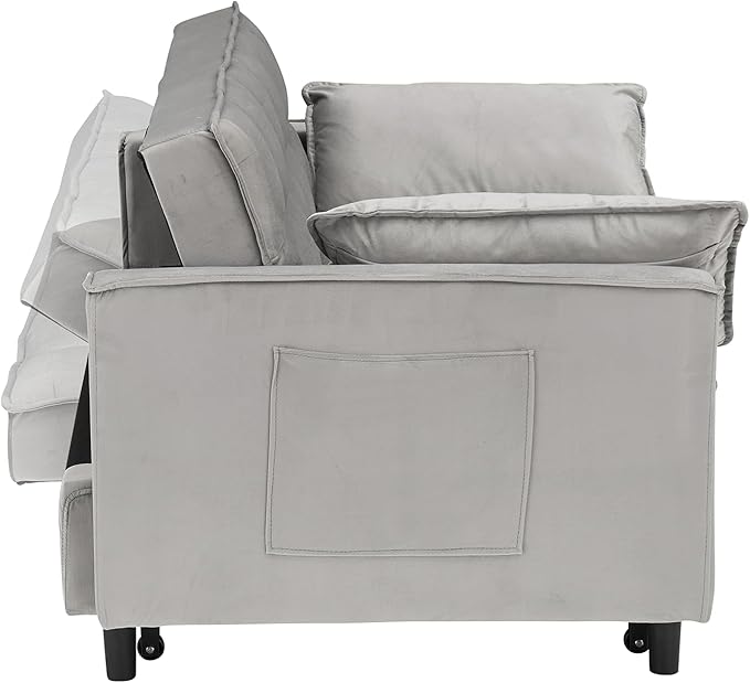 55" Modern Velvet Loveseat Sleeper Sofa, 3-in-1 Convertible Pull-Out Bed with Adjustable Backrest, 2 Pillows & Side Pockets, Small Pull Out Couch for Living Room, Apartment(Gray)
