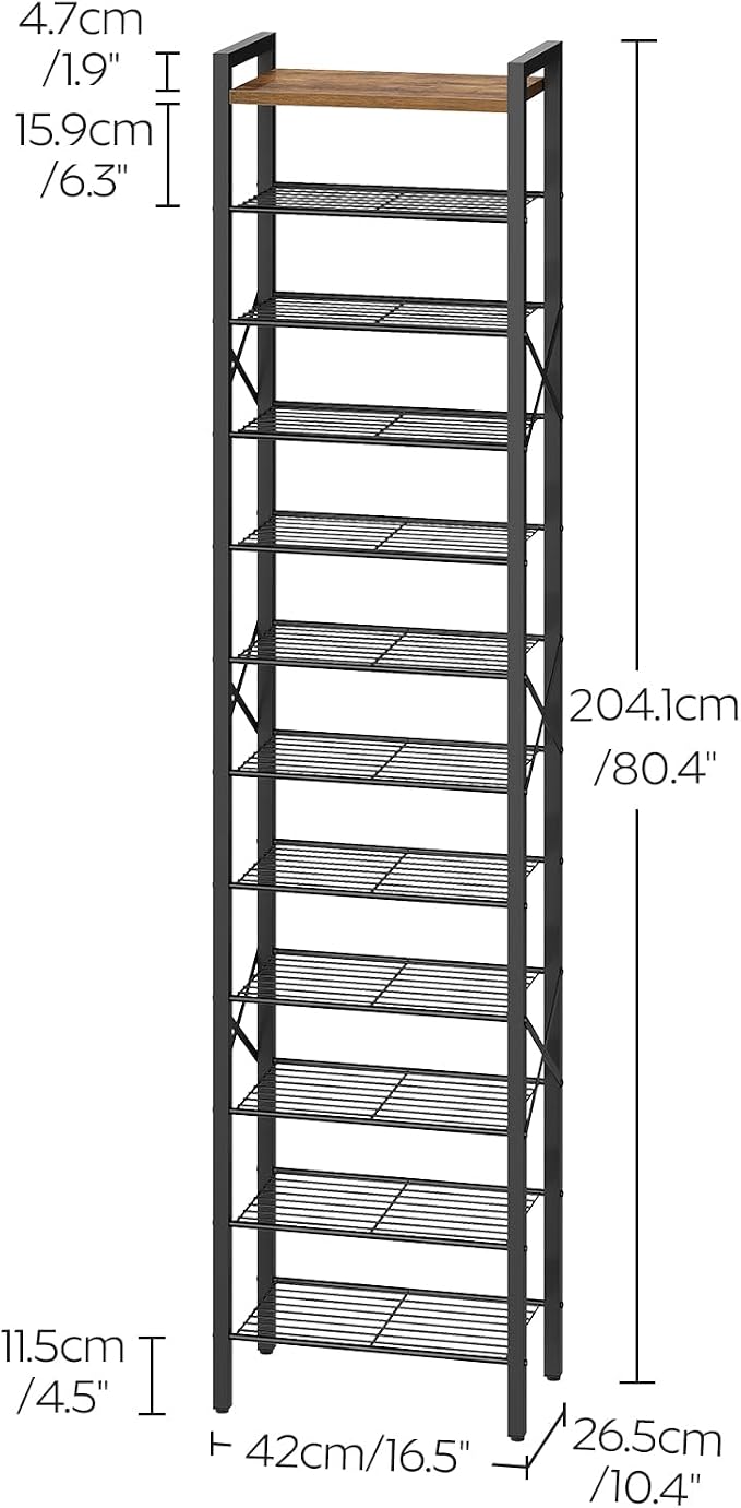 YATINEY 12-Tier Narrow Shoe Rack, Tall Shoe Rack for 12-24 Pairs, Slim Shoe Storage Organizer with Wooden Top, Space Saving, Metal Frame, for Entryway, Rustic Brown and Black SS61BR - Image 3