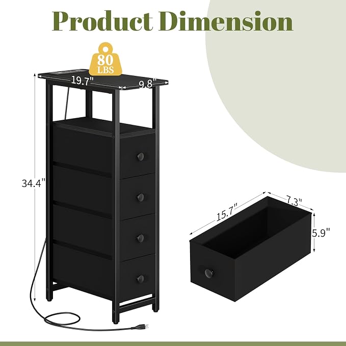 Yoobure LED Narrow Nightstand with Charging Station - Slim Dresser for Bedroom Narrow Side Table Storage Cabinet, Small Dressers Chest of Drawers, Tall Skinny Night Stand End Table for Small Spaces - Image 2