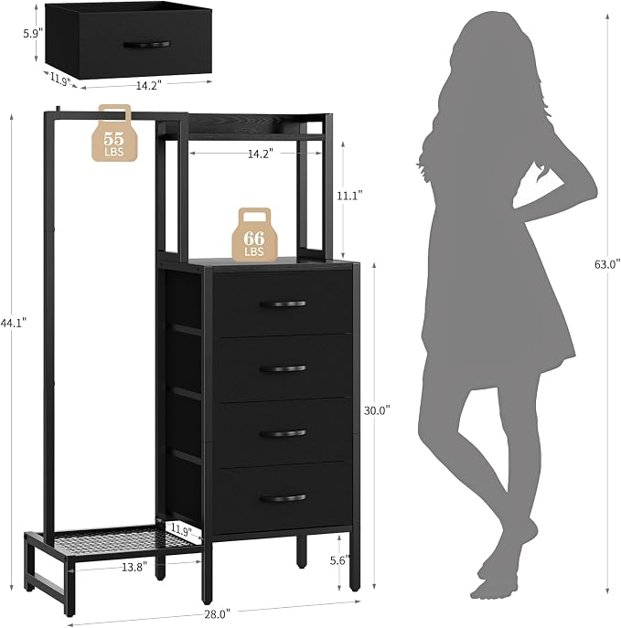 Yoobure Black Dresser with Hanging Rack - Small Closet with 4 Fabric Storage Drawers, 44" H Dresser with Clothes Rack, Chest of Drawer, Kids Dressers for Bedroom, Entryway, Living Room, Sturdy Frame - Image 2