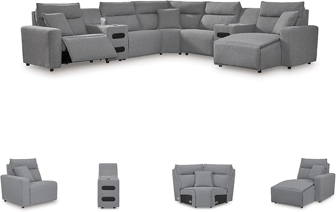 Signature Design by Ashley Modern ModMax II Stain Resistant U-Shape Left-Arm Facing 7-Piece Power Reclining Sectional with Chaise and Adjustable Headrest, Gray