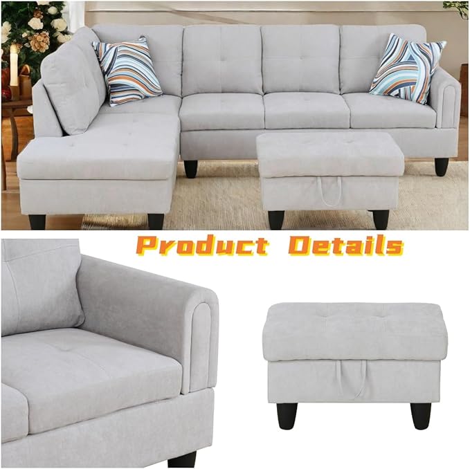 FONTOI L Shaped Sectional Couch with Otttoman, 97" Sectional Sofa for Living Room Flannel Modular Couches with Cup Holders for Bedroom, Apartments, Light Grey