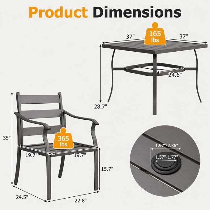 EROMMY 5-Piece Outdoor Patio Dining Set, 4 Metal Slat Chairs & Square Table with Umbrella Hole, All-Weather Patio Furniture for Backyard, Deck and Garden - Image 2
