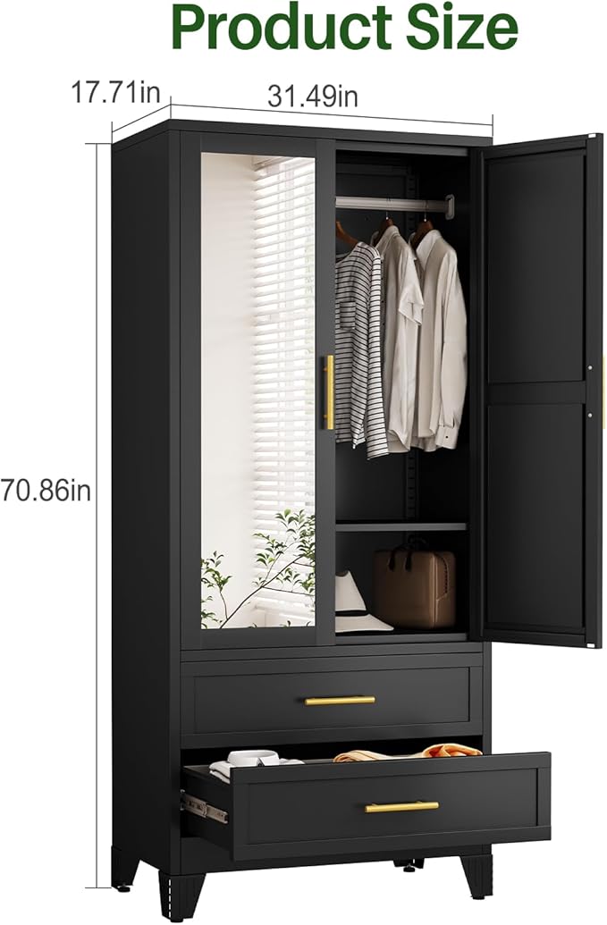winiowa Metal Armoire Wardrobe Closet with 2 Drawers, 71" Wardrobe Cabinet with Adjustable Shelves and Hanging Rod, Clothing Storage Cabinet Closet with Mirror for Bedroom-Black