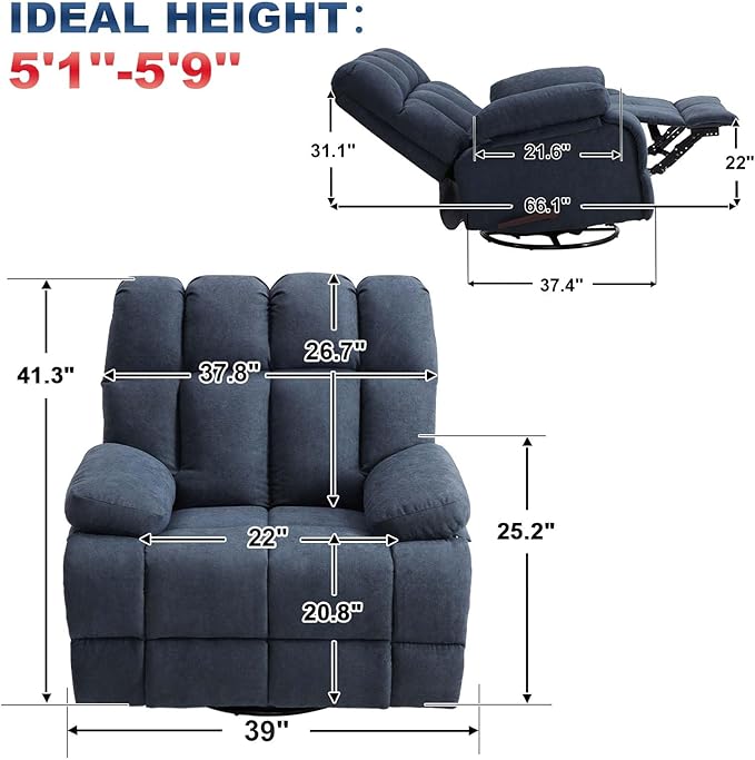 Eiayeebil 2PCS Oversized Recliner Chair, 360° Swivel Rocker Recliner for Big Man, Extra Wide Manual Recliner, Overstuffed Soft Rocking Sofa Chair for Living Room(Grey)