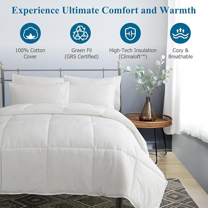 Dafinner 100% Cotton Cover Comforter King Size, Ultra-Soft Down Alternative Duvet Insert with Lyocell & Climaloft™ Blend Fill, Breathable Microfiber Comforter for All-Season (106x90”, White)