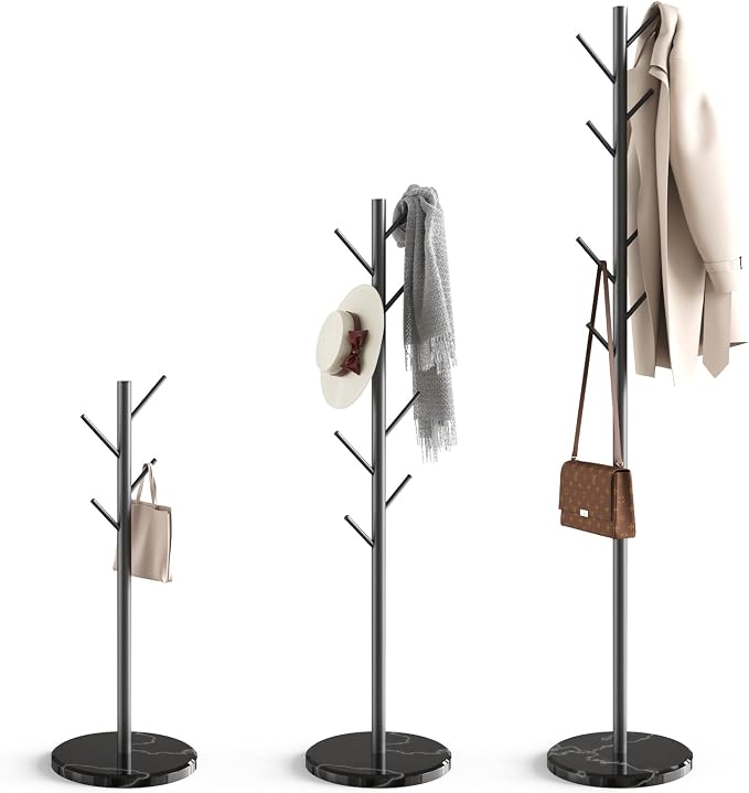 HzTinT Coat Rack with Natural Marble Base, Metal Freestanding Coat Rack with 8 Hooks, 3 Adjustable Size Sturdy Coat Tree for Bags, Coats, and Hats for Entryway, Hallway, Bedroom, Office, Black by HzTinT