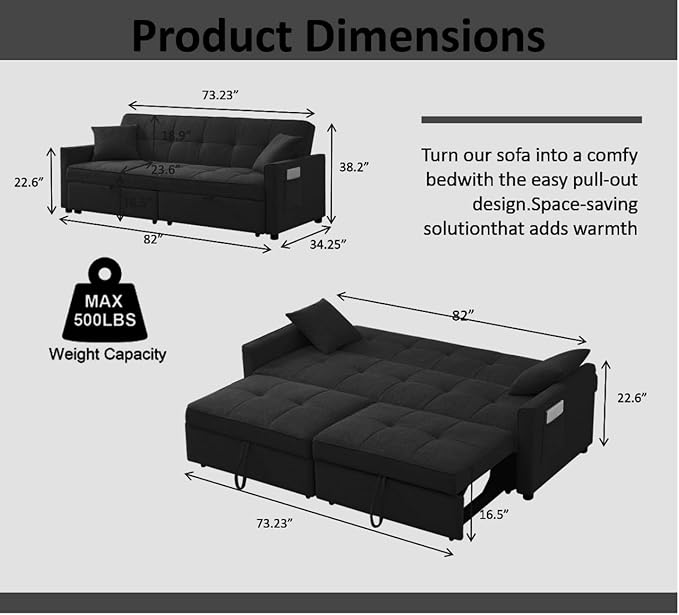 82" 3 in 1 Convertible Sleeper Sofa Bed, Modern Fabric Pull Out Couch, Loveseat Sofa with Pillows & Pockets, Futon Couch Bed Reclining Backrest for Living Room, Bedroom, Apartment, Black