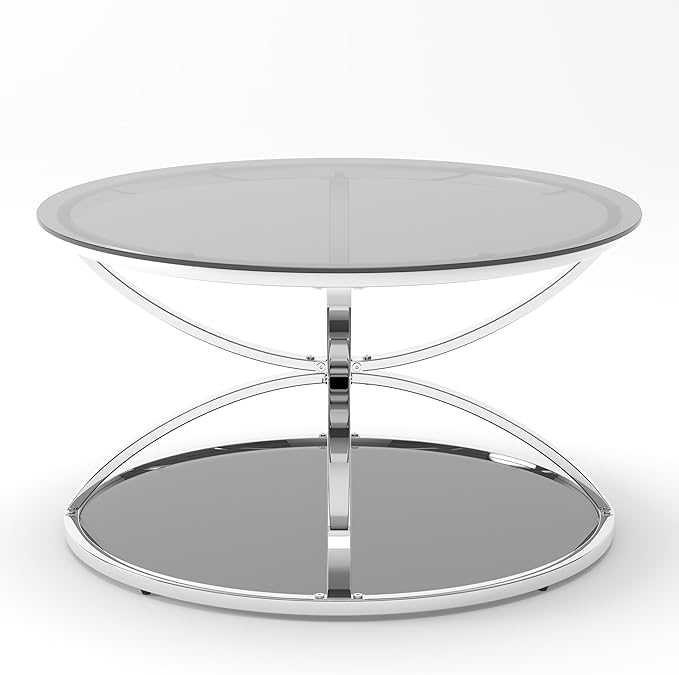 32" Tempered Glass Round Coffee Table Modern Chrome Frame Dome Base Two Tiers Circle Living Room Center Tables