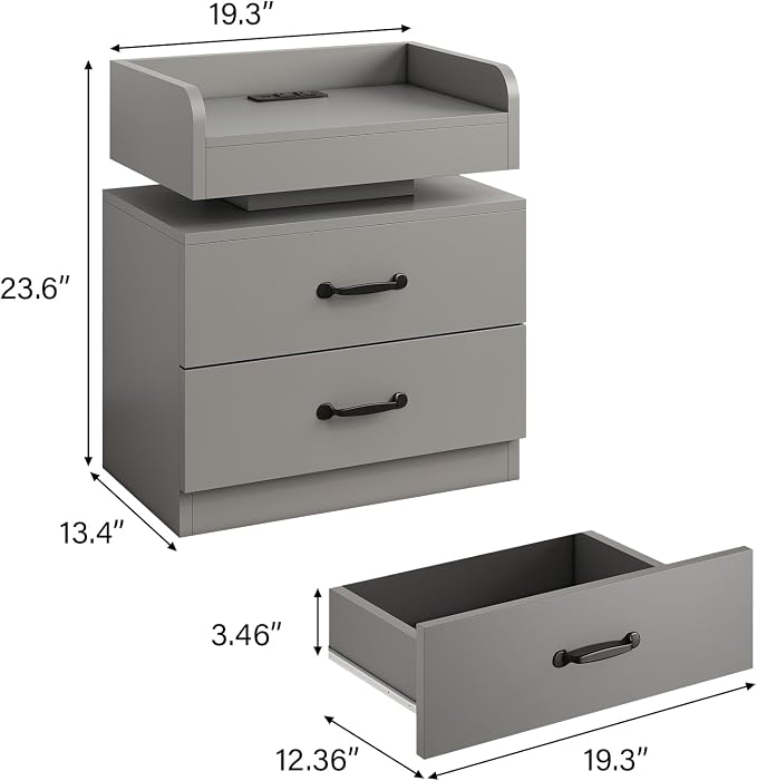 4ever2buy Grey Nightstand with Charging Station and LED Lights Modern Bedside Table with 2 Drawers End Table for Bedroom - Image 2
