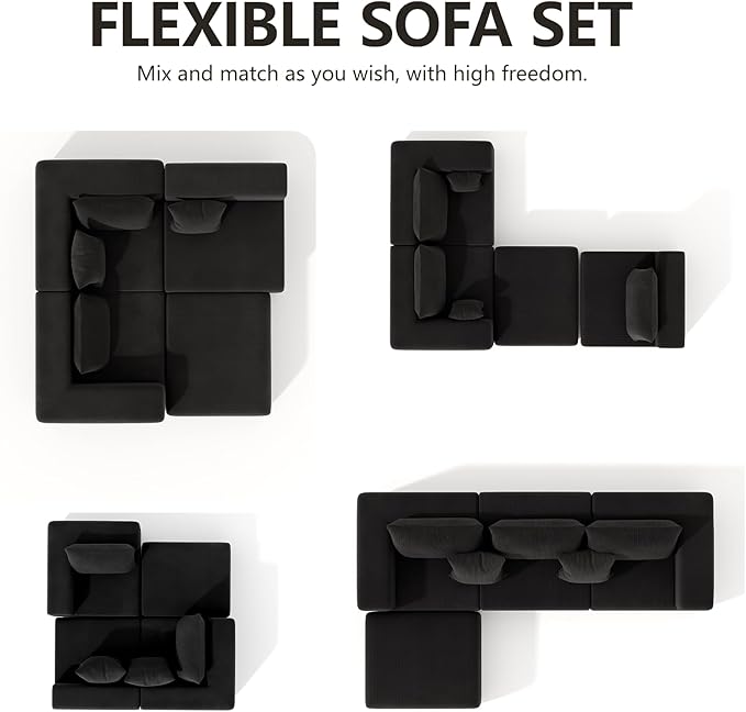 Modern Cloud Sectional Couches for Living Room, Convertible L-Shape Boneless Couches with Ottoman, 3 Seater Corduroy Modular Sectional Sofa with Pockets No Assembly (Black) | Sectional Couches, L-Shape Sofa, with Ottoman, No Assembly Required