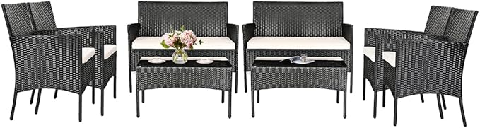 8 Pieces Patio Furniture Set, Outdoor Conversation Set with Ergonomic Curved Backrest, Patio Chair Set with Water-Resistant Cushion & Tempered Glass Table for Balcony,Porch,Poolside(Beige)