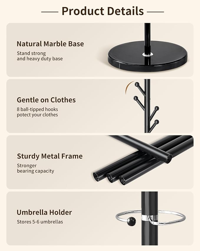 ZOZOE Metal Coat Rack Stand, Modern Coat Rack Freestanding with Natural Marble Base, Sturdy Industrial Coat Racks with 8 Hooks & Umbrella Holder,Black Coat Tree Hanger Stand for Entryway,Office - Image 2