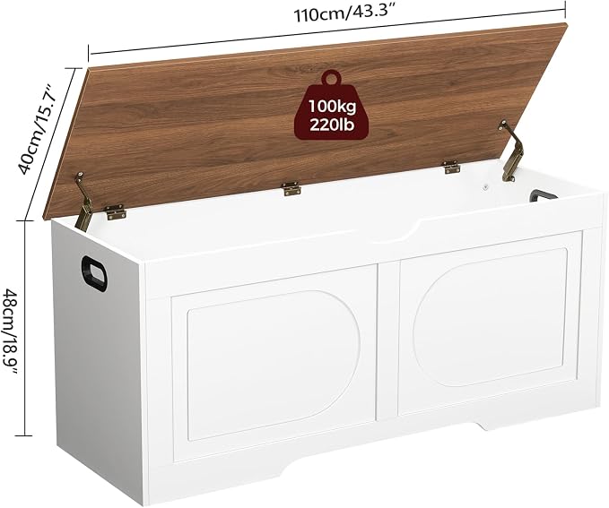 MAHANCRIS Storage Chest, 43.3” Toy Box, Entryway Storage Trunk, Shoe Bench with Storage, Engineered Wood Storage Cabinet with 2 Safety Hinges, Entrance Bench for Living Room, White + Walnut SCBZ2101 - Image 3