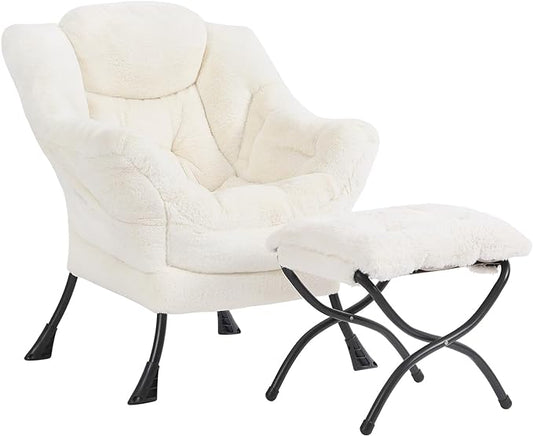 Lazy Chair and Ottoman, Large Plush Beige Contemporary Accent Chair with a Side Pocket, Modern Leisure Upholstered Reading Armchair with Footrest for Office, Bedroom, Living Room, Balcony