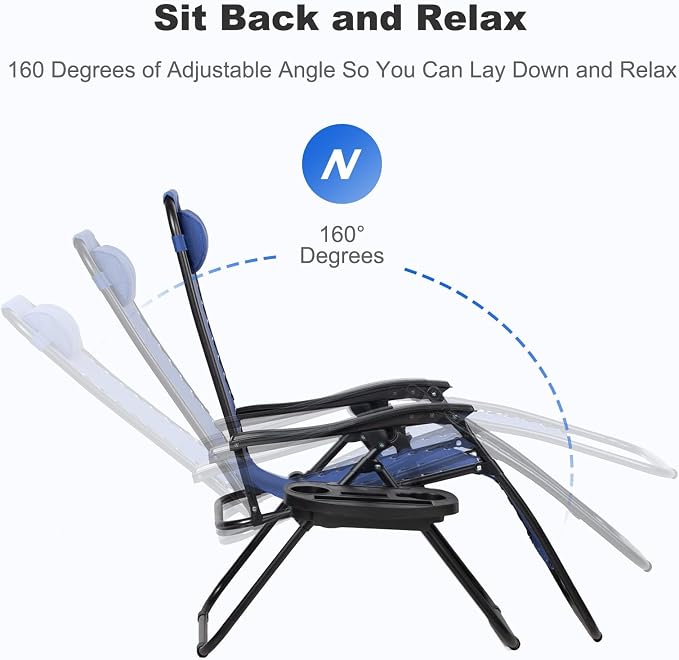 Nazhura Set of 2 Relaxing Recliners Patio Chairs Adjustable Steel Mesh Zero Gravity Lounge Chair Beach Chairs with Pillow and Cup Holder (Blue) - Image 5