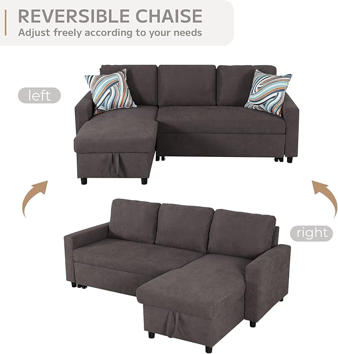 L-Shaped Sleeper Sofa with Chaise Lounge & Storage, Pull-Out Couch Bed with Recliner, Full Size Futon for Living Room, Office, Apartment, Coffee