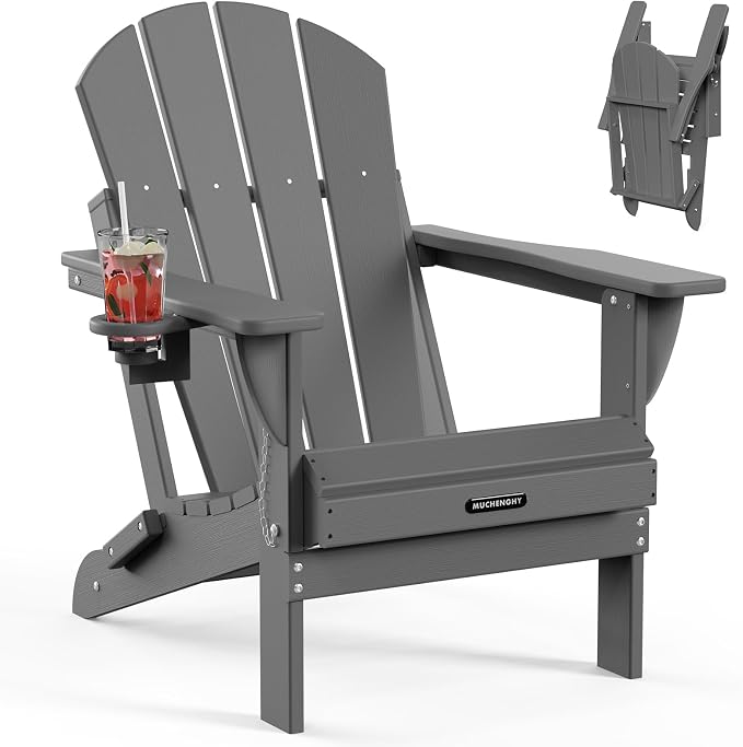 MUCHENGHY Folding Adirondack Chairs, Patio Chairs, Lawn Chairs, Outdoor Chair, Adirondack Chair Plastic, Fire Pit, Weather Resistant with Cup Holder for Deck, Backyard, Garden(Gray) by MUCHENGHY