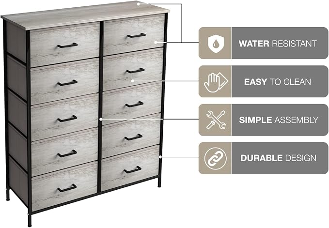 Sorbus Dresser with 10 Faux Wood Drawers - Chest Organizer Unit with Steel Frame Wood Top & Handle Easy Pull Fabric Bins for Clothes - Storage Furniture for Bedroom, Hallway, Living Room & Closet - Image 6
