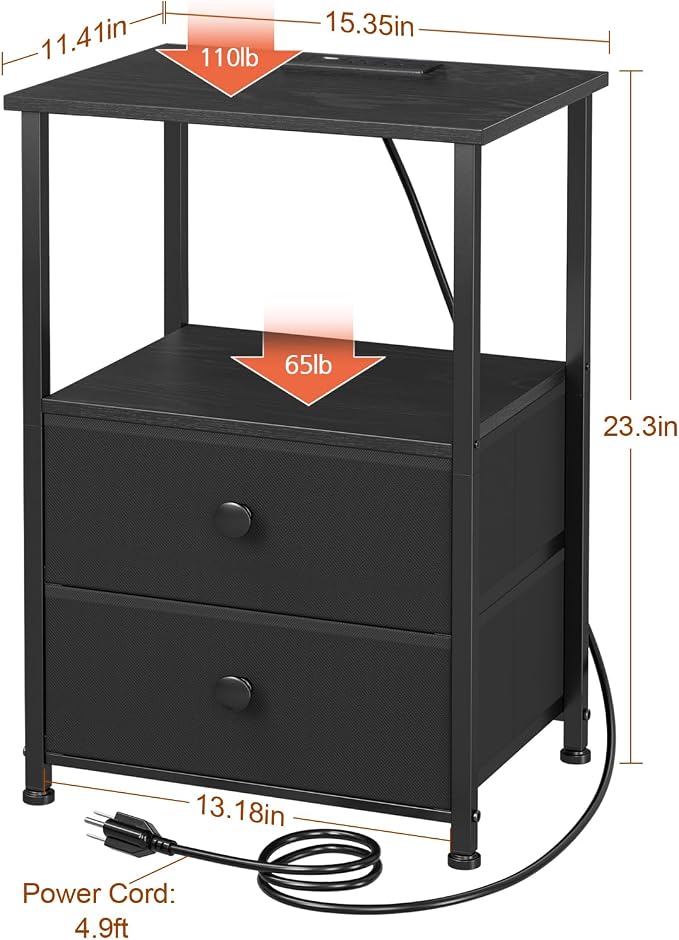 LOAKEKEL Night Stand Set 2, LED Nightstand with Charging Station, End Tables with Storage Shelf, Bed Side Table with 2 Fabric Drawers for Bedroom, Small Spaces, Black, HETS02BK - Image 3
