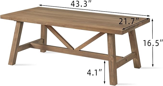 Wnutrees Farmhouse 43" Coffee Table,Solid Wood Center Tables for Living Room and Office, Rustic Wooden Rectangular Table with V-Shaped Support, Natural