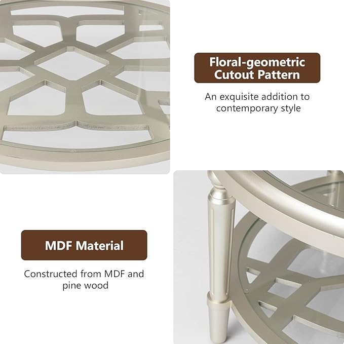 COSIEST 32" Round Glass Coffee Table with Storage, 2-Tier Modern Champagne Center Table for Living Room, Elegant Clear Glass Top Accent Table with Pine Wood Frame, Simple Home Office Furniture