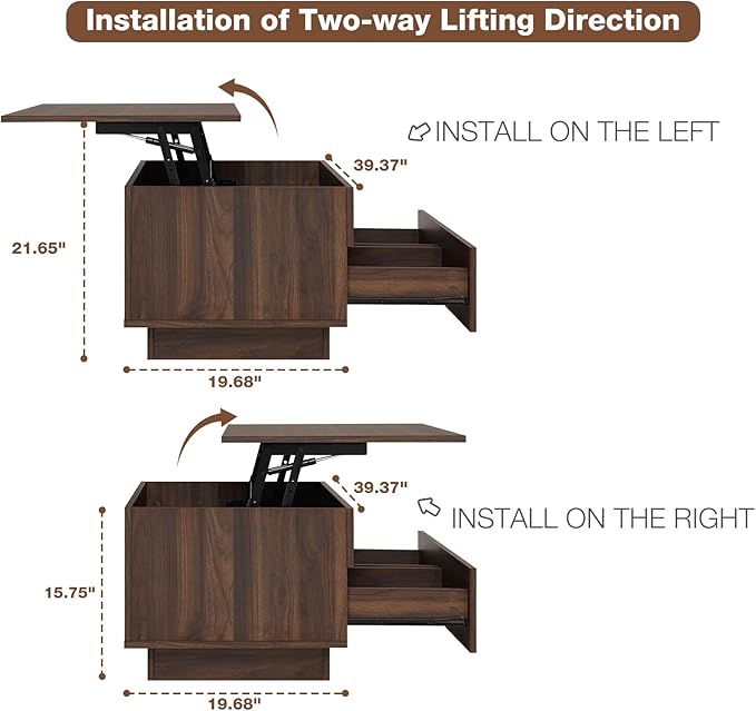 HOMMPA Lift Top Coffee Table with LED Light Morden Coffee Table with Storage High Gloss Walnut Coffee Table for Living Room Tea Table with Storage Center Tables Hidden Compartment & 2 Drawers