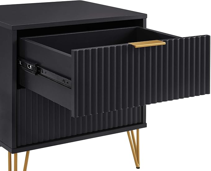Manhattan Comfort Dumbo Modern Nightstand 2.0 with 2 Metal Feet | Splayed Gold Legs | Vertical Ribbed Design | No Tool Assembly Storage for Bedroom, Set of 2, Black - Image 5