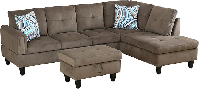L Shaped Couch Sectional Couch Upholstered Velvet 3 Pieces Sofas for Living Room with Chaise, Ottoman with Storage for Office and Small Apartment, Brown Pineapple