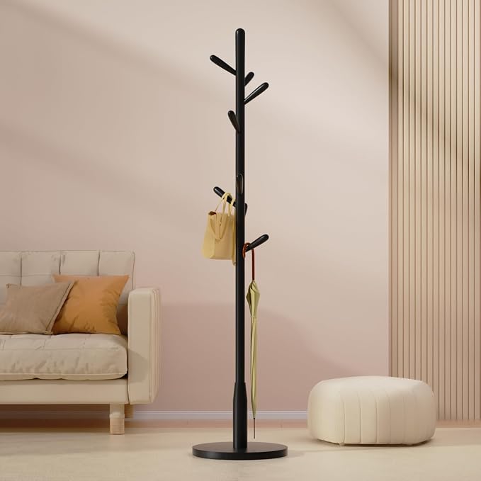 Solid Wood Round Base Coat Rack, Free Standing Hall Coat Tree with 8 Hooks（+2 spare for Coats, Hats, Bags, Purses, for Entryway, Hallway, Rubberwood Hooks,Base and Pole(Round Base,Black) - Image 5