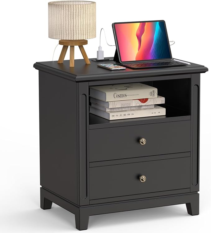 24" Wide Solid Wood Nightstand with Charging Station Set of 2, Farmhouse End Table with 2 Large Drawers & Open Shelf, Bedside Table with USB Ports and Outlets, Night Stand for Bedroom - Image 8