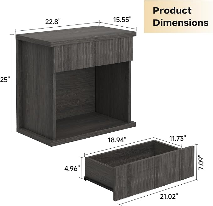 UNIQUITE Fluted Nightstand, 22.8" Wide Nightstands with Drawer Storage Large Wood BedsideTable Night Stand for Bedroom, Grey Oak - Image 2